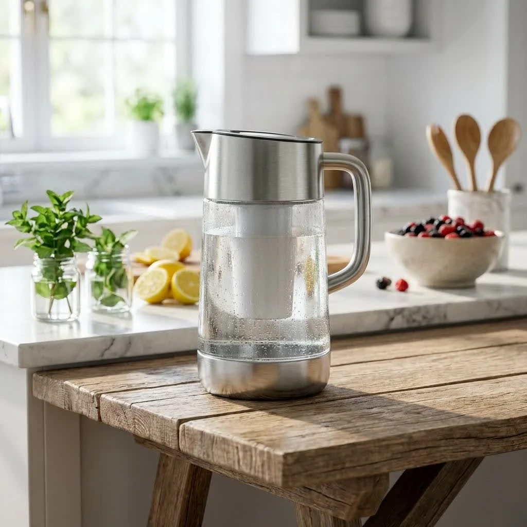 GRAYL Water Purifier bottle on a wooden surface with a mountain backdrop